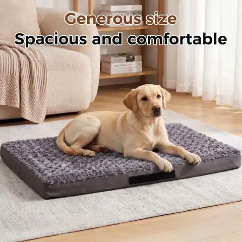 PETFEET Spacious Quilted Plush Dog Bed for Large Breeds - High-Density Filling, Washable Grey Fleece Cooling Calming Mat, Detachable Dual-Sided Cushion, Non-Slip Waterproof Back, Heat Relief, Breathes for Naps, Fits Crates/Car Seats + Free Gift