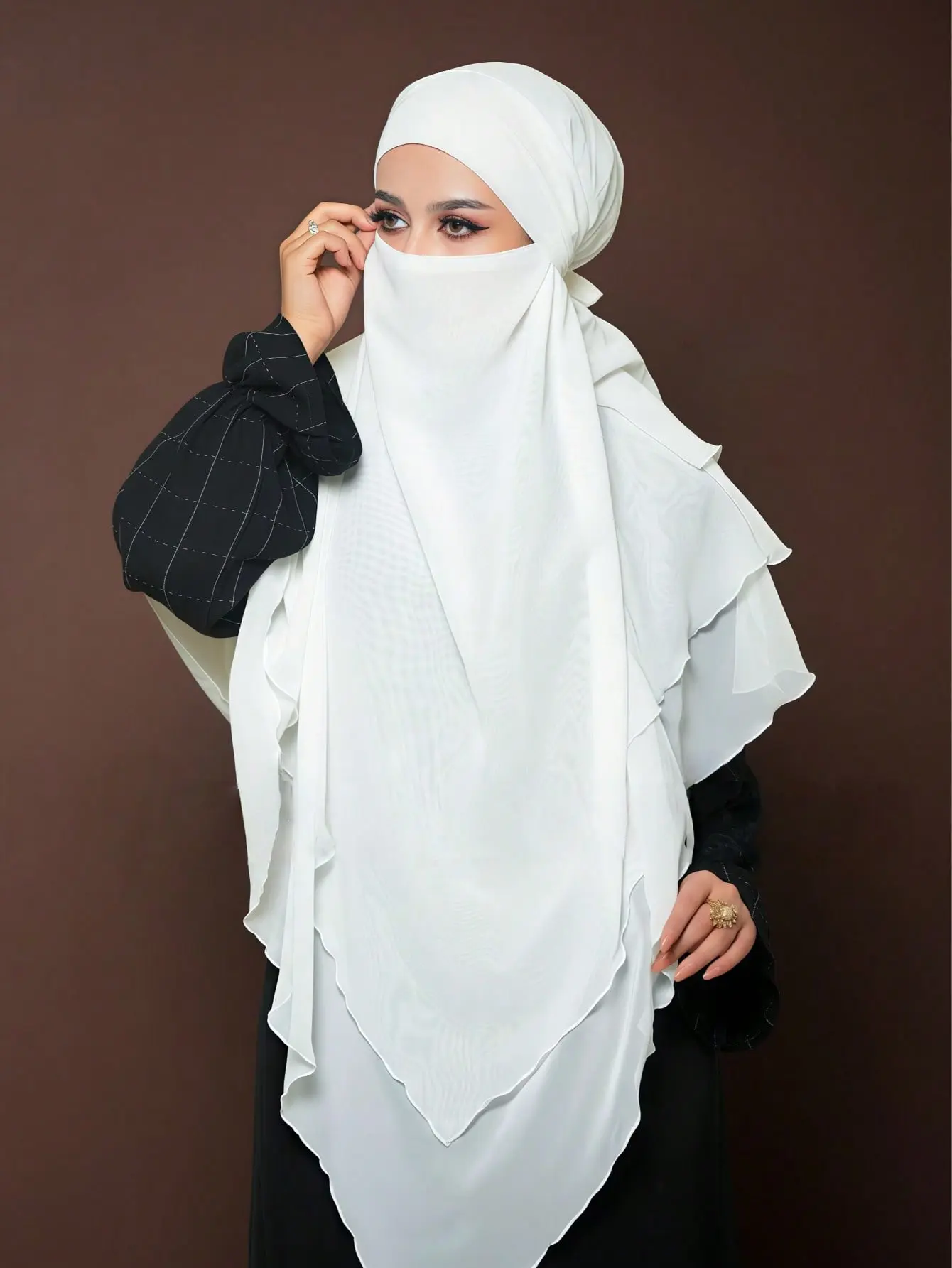 3cengxuefangmengmian（3-Layer White Chiffon Niqab Hijab, Elegant Muslim Modest Headwear Product)