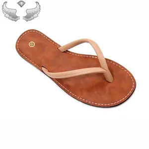 Brown Leather Flip Flops with White Stitching and Gold Logo