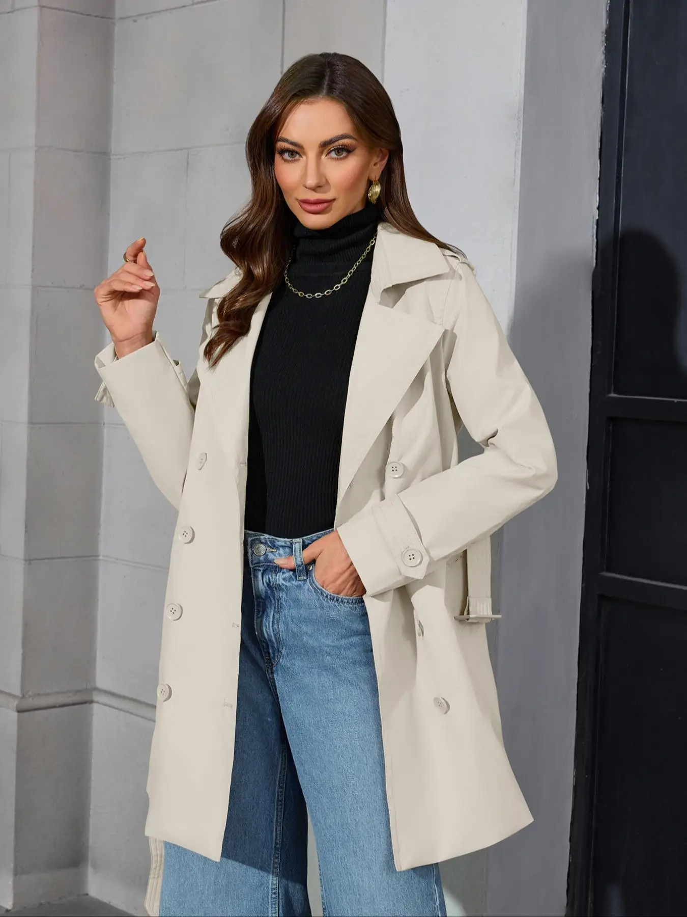 Women's Solid Double Button Belted Trench Coat, Casual Long Sleeve Pocket Design Midi Coat for Fall & Winter, Women's Clothing for Daily Wear