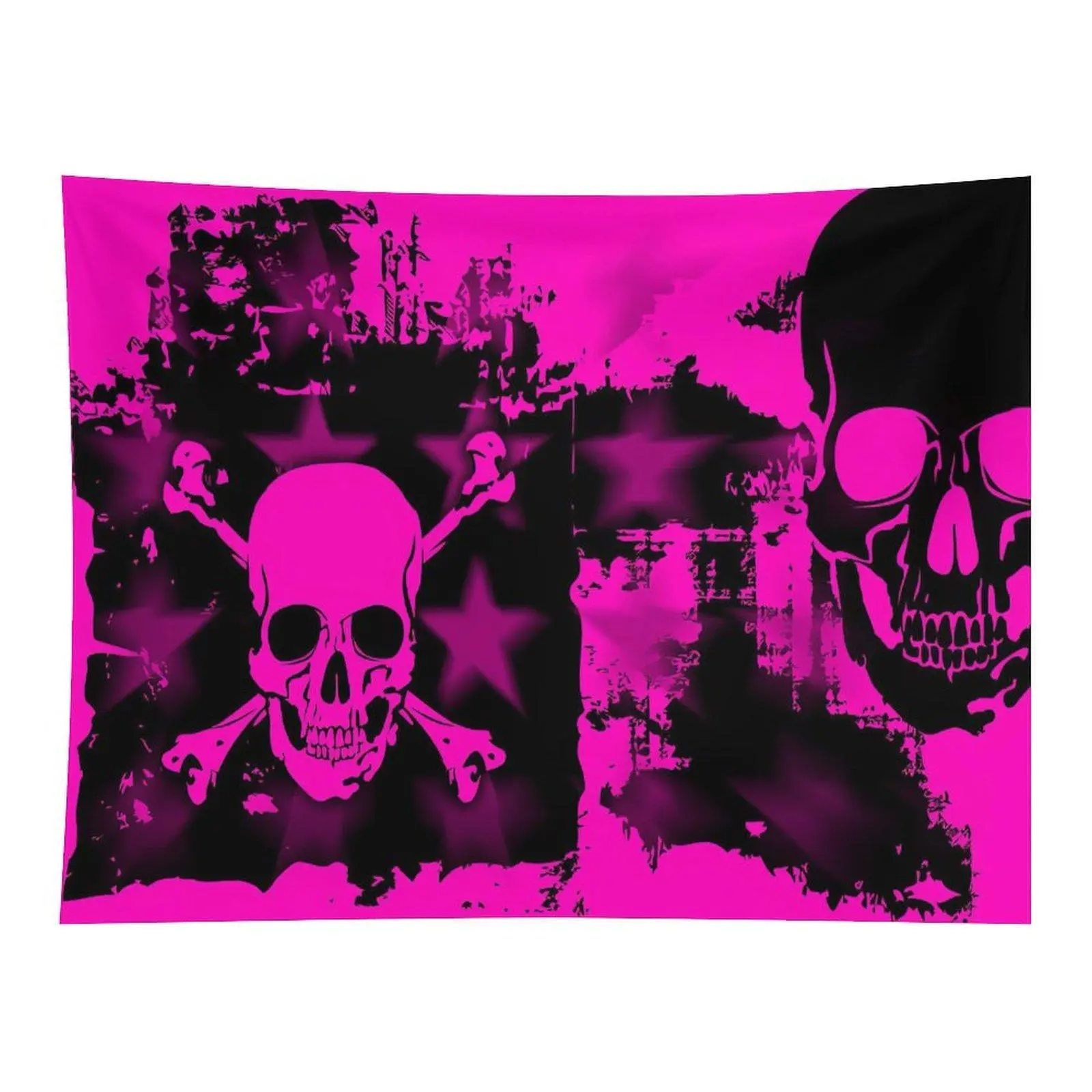 Grunge Distressed Scratched Texture Black Hot Pink Skull Crossbone Five Star Punk Gothic Street Graffiti Art Decor Background Wall Tapestry