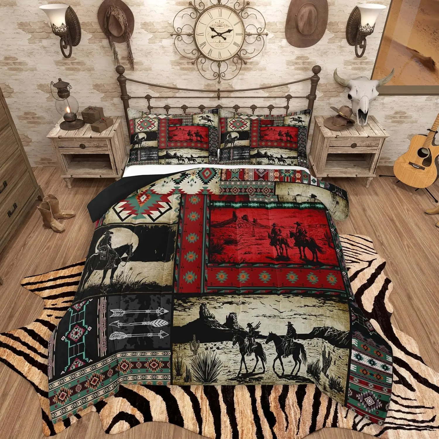 Adults Western Cowboy Bedding Set Soft,Wild West Rustic Southwestern Comforter Set Exotic Plaid Geometric Duvet Quilt Microfiber Red
