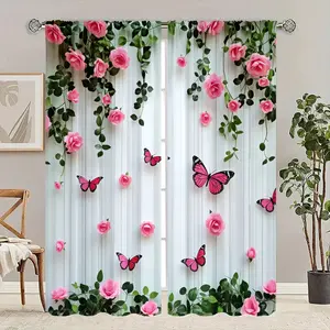 Rose Flower Butterfly Print Curtains, Half-Transparent Privacy Drapes, Easy Hanging Rod Pocket Design, Bedroom Living Room Kitchen Closet Decor, Easy Install Curtain, Window Curtain