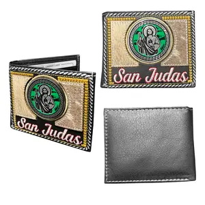 Men's Genuine Leather Wallet San Judas Tadeo - Cartera de Piel with Embroidered Logo and Credit Card Slot