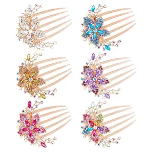 6 Pack Luxury Glitter Sparkly Jeweled Gems Rhinestones Decorative Gold Metal Hair Side Combs Slides with Teeth Hair Bun Clips Updo Accessories Crystal Flower Hair Pin Barrettes for Women Girls