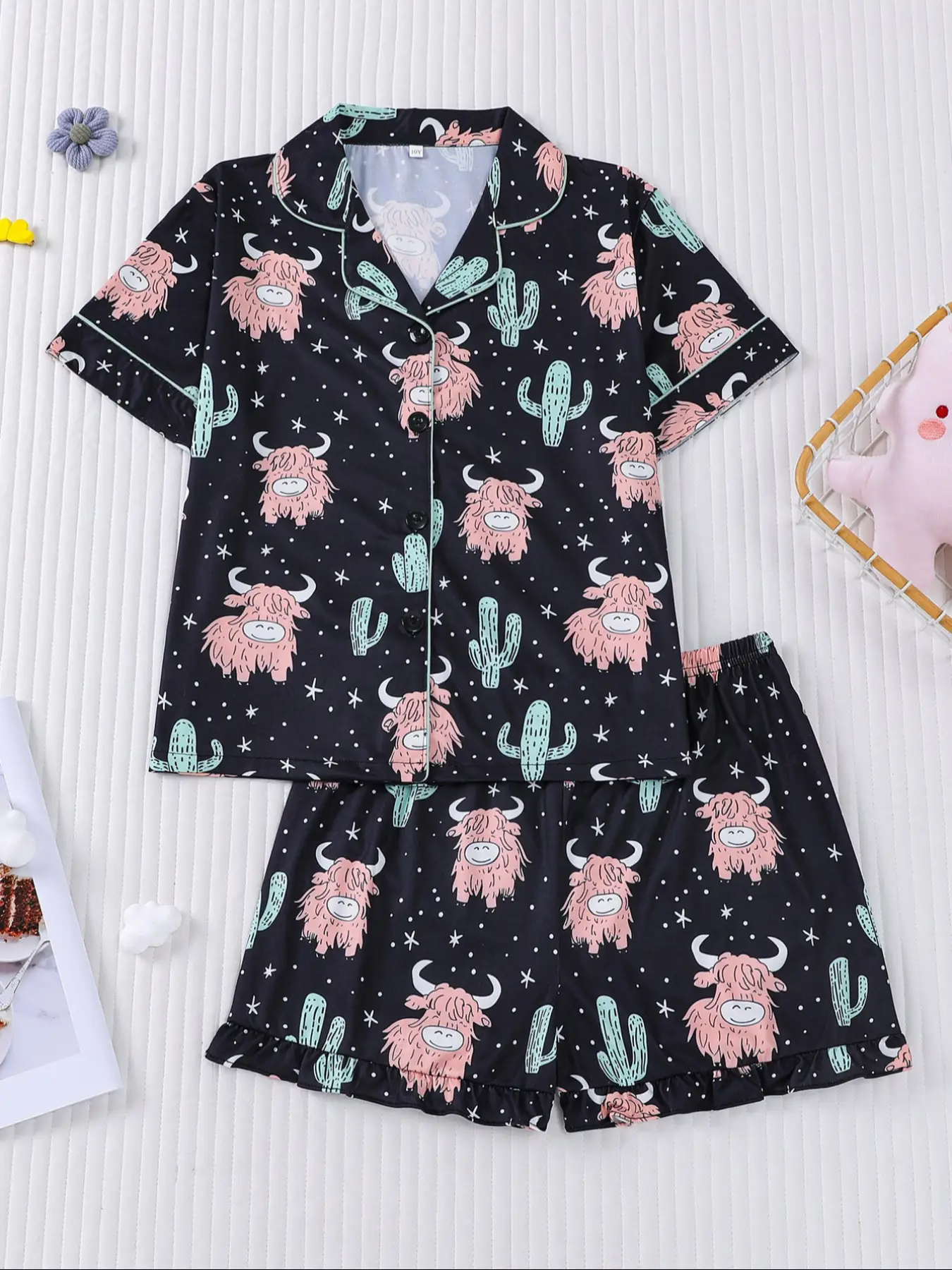 Children's pajamas 2 sets of cute little yak printed children's pajamas for girls and boys, new for summer 202, flame retardant, thin short-sleeved sh