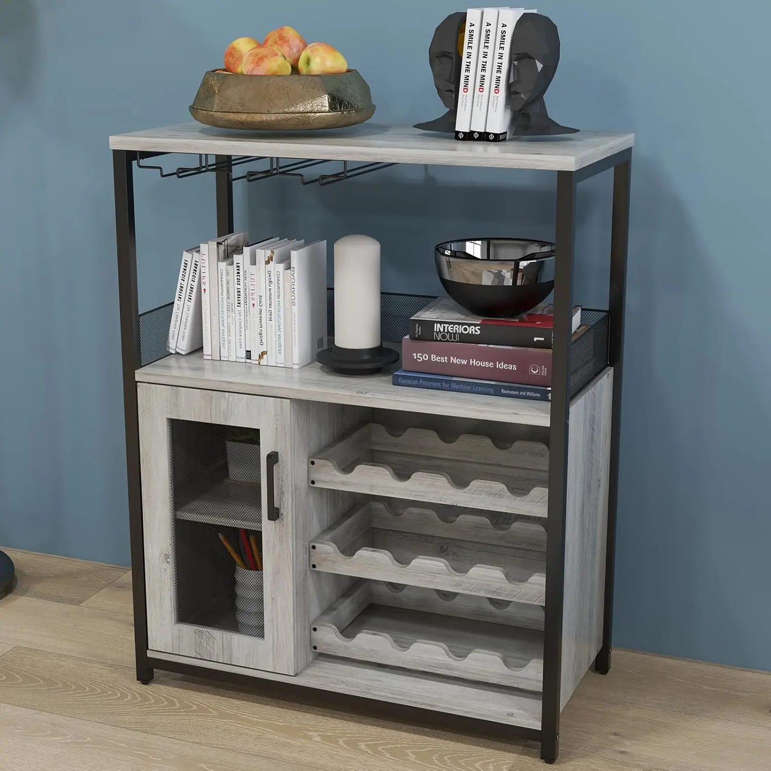 Gray Lighted Curio Wine Bar Rack Cabinet - Detachable Rack, Glass Holder, Small Sideboard, Buffet Cabinet, Mesh Door, LED Lighting for Furniture Storage, Lighted Curio Cabinet