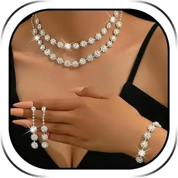 Veliora B Silver Rhinestone Bridal Jewelry Set for Women - Fashionable Jewellery Gift Set with Choker Necklace, Earrings, Bracelet Studs - Lightweight Bridal Accessory for Wedding Prom Formal Events