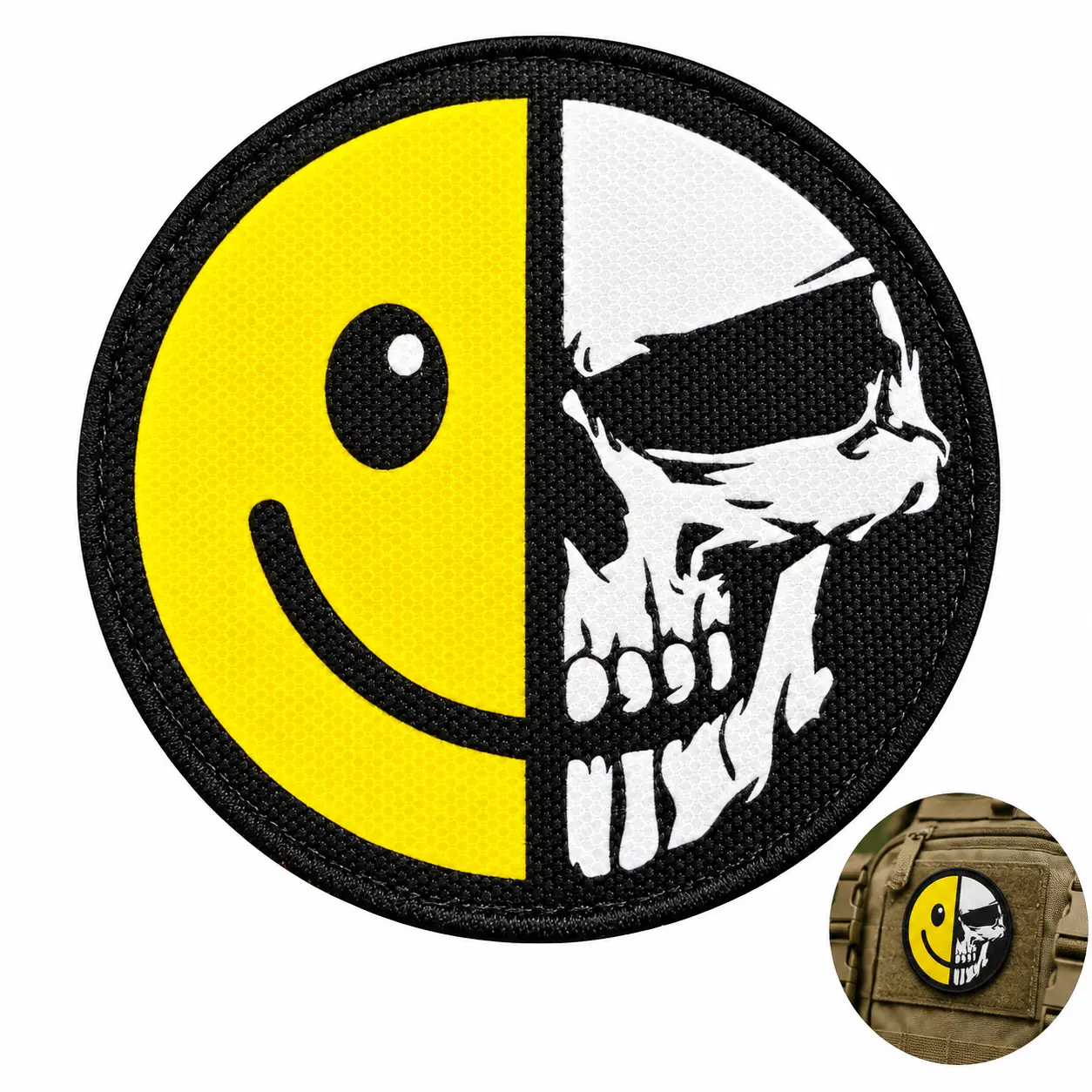Half Smiley Face Half Skull Printed Patch with Hook and Loop Backing for Backpacks and Sling Bags, 1 Piece