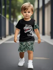 Cool Camouflage Dinosaur Cargo Printed Toddler Boys Short Sleeve Set, Casual Kids Clothing for Babies, T-shirts Suitable for Daily Wear and Outdoor Sports, 100% Polyester, an Ideal Gift for Infants and Young Children!