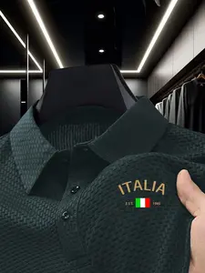 Men's Italy Flag Print Polo Shirt, Textured Polo Shirt, Regular Fit Casual Short Sleeve Asymmetrical Neck Top for Summer, Fashion Men's Clothes for Business Golf Daily Wear, Gamis