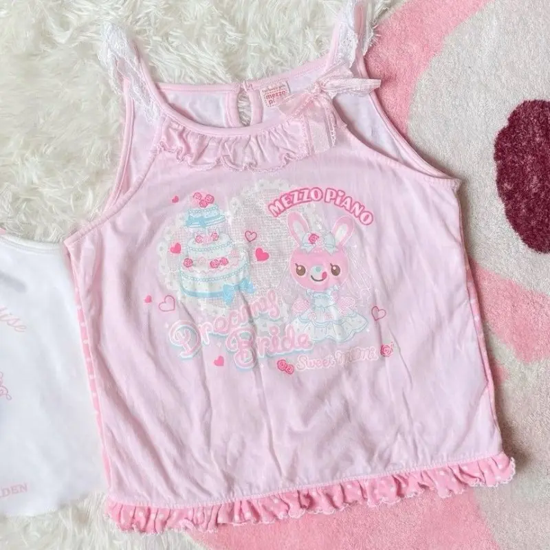 TOPJapanese Y2k Tops Fashion Cute Anime Print Tanks Women Clothes Sweet Ruffles Summer Camis Casual Bow Tunic Crop Vest Ropa Mujer subculture COOL
