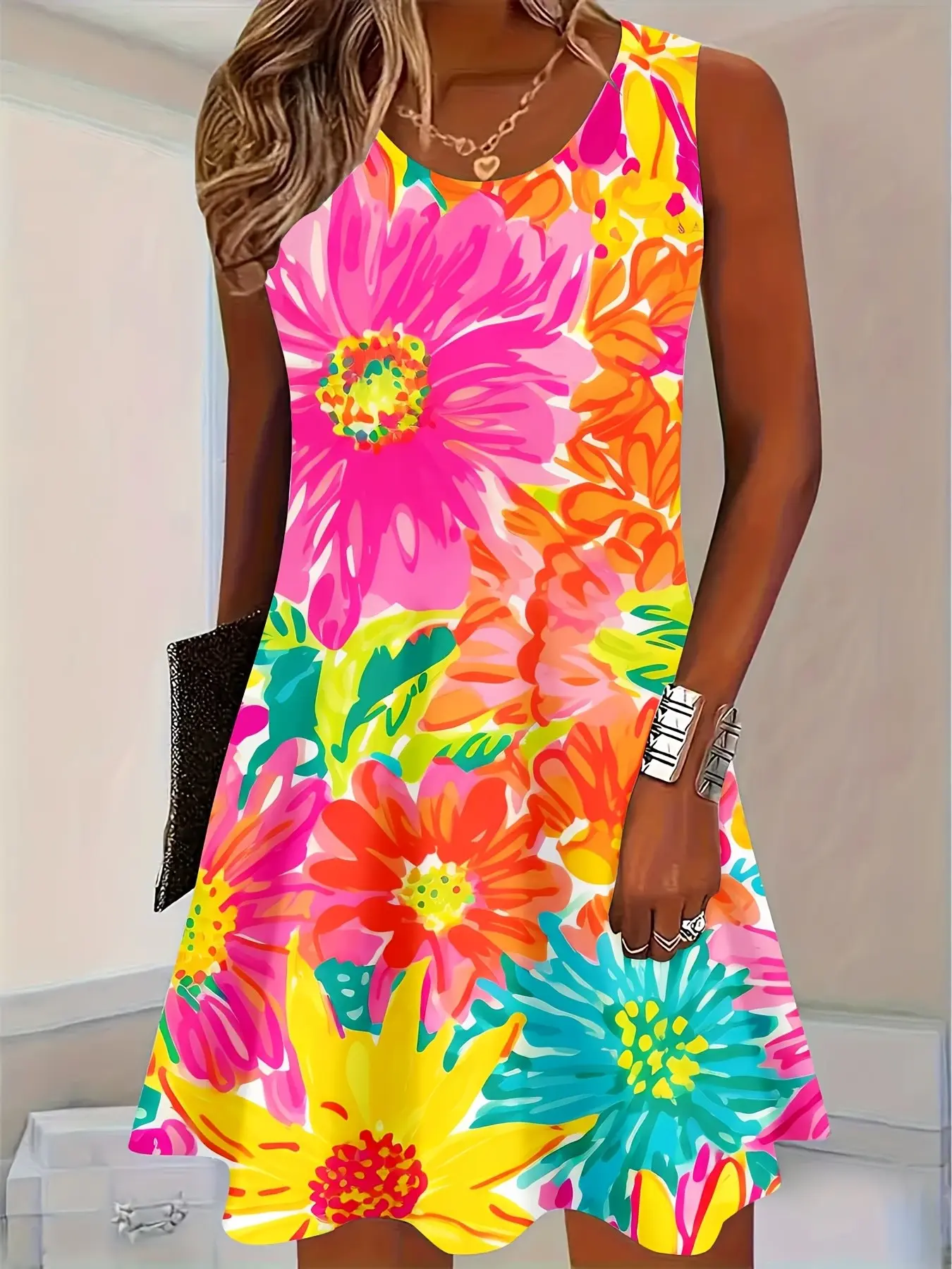 Floral Pattern Printed Tank Dress, Casual Round Neck Sleeveless Dress, Casual Wear Floral Pattern Printed Tank Dress, Casual Round Neck Sleeveless Dress, Casual Wear