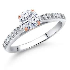 Gem Stone King 10K Two Tone Gold Round 5MM Gemstone Birthstone and Lab Grown Diamond Engagement Ring For Women | Wedding Anniversary Promise Ring For Women | Size 5,6,7,8,9