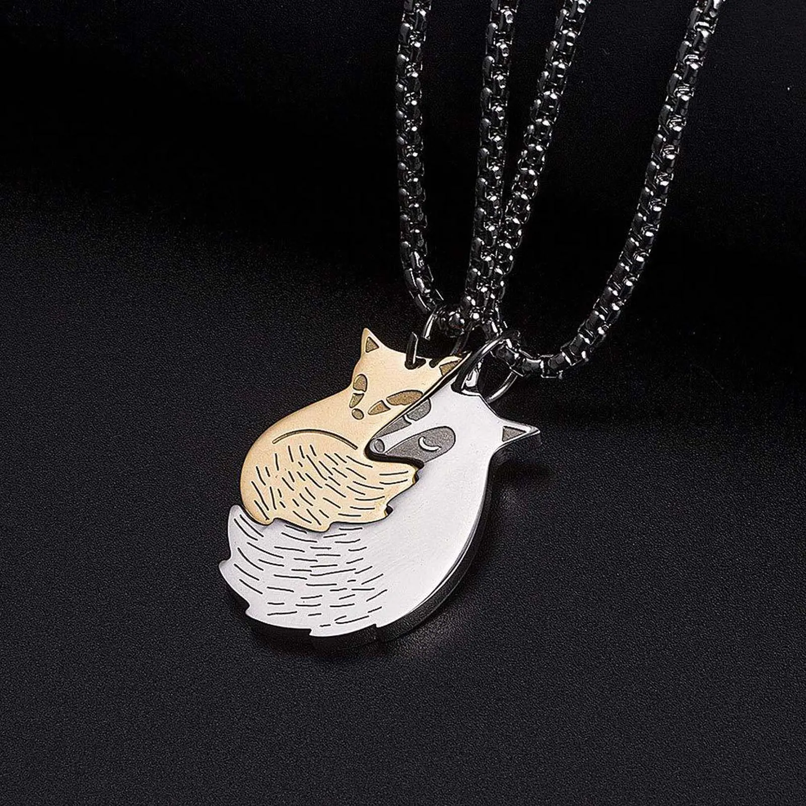 Couples Fox & Wolf Pendant Statement Necklaces Set - 1 Pair Stainless Steel Snake Bone & Link Chains, Anniversary Necklace Jewelry Accessories, Couples Necklace