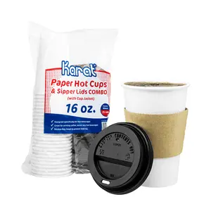 [250 sets] Karat 16 oz White Paper Coffee Cups with Black PP Sipper Lids & Cup Jackets