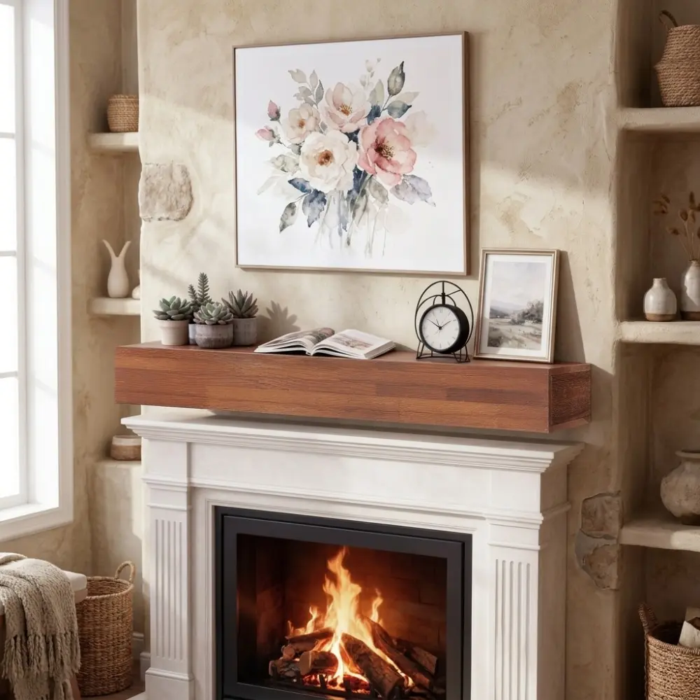Littleox 72 Inch Rustic Solid Wood Fireplace Mantel Wall Mounted Floating Shelf Farmhouse Style Heavy Duty Storage Display Shelf For Living Room Fireplace Decor Home Interior Decor