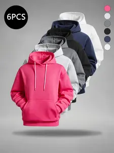 6-Pack Men’s Everyday Spring/Autumn Hooded Pullover Long-Sleeve Solid Sweatshirts, High-Street Style, Loose Fit, Comfortable Casual, Versatile Tops