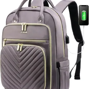 Womens Backpack,15.6 Inch Laptop Backpack for Work Travel, Large Capacity Work Backpack for Teacher Nurse, Computer Bag with USB Charging Port.Grey Purple.