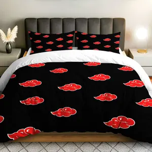 3PCS Duvet Cover Set, 1 Duvet+2 Pillowcases(Without filler), Red Cloud Black Ninja Anime Manga theme, Halloween bedding set, Anime Lovers Gift Suitable for decoration bedroom, dorm, studio, apartment.