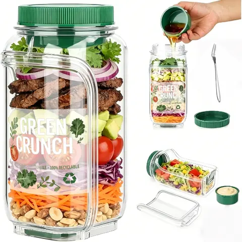Plastic Leak-Proof Vertical Layering Salad Bowl & Bottle, 4.5 Cups - Side-Opening Preserving Container with 2.5oz Dressing Compartment, Microwave-Safe, Dishwasher-Safe Meal Prep Tool (Free Stickers & Fruit Forks)