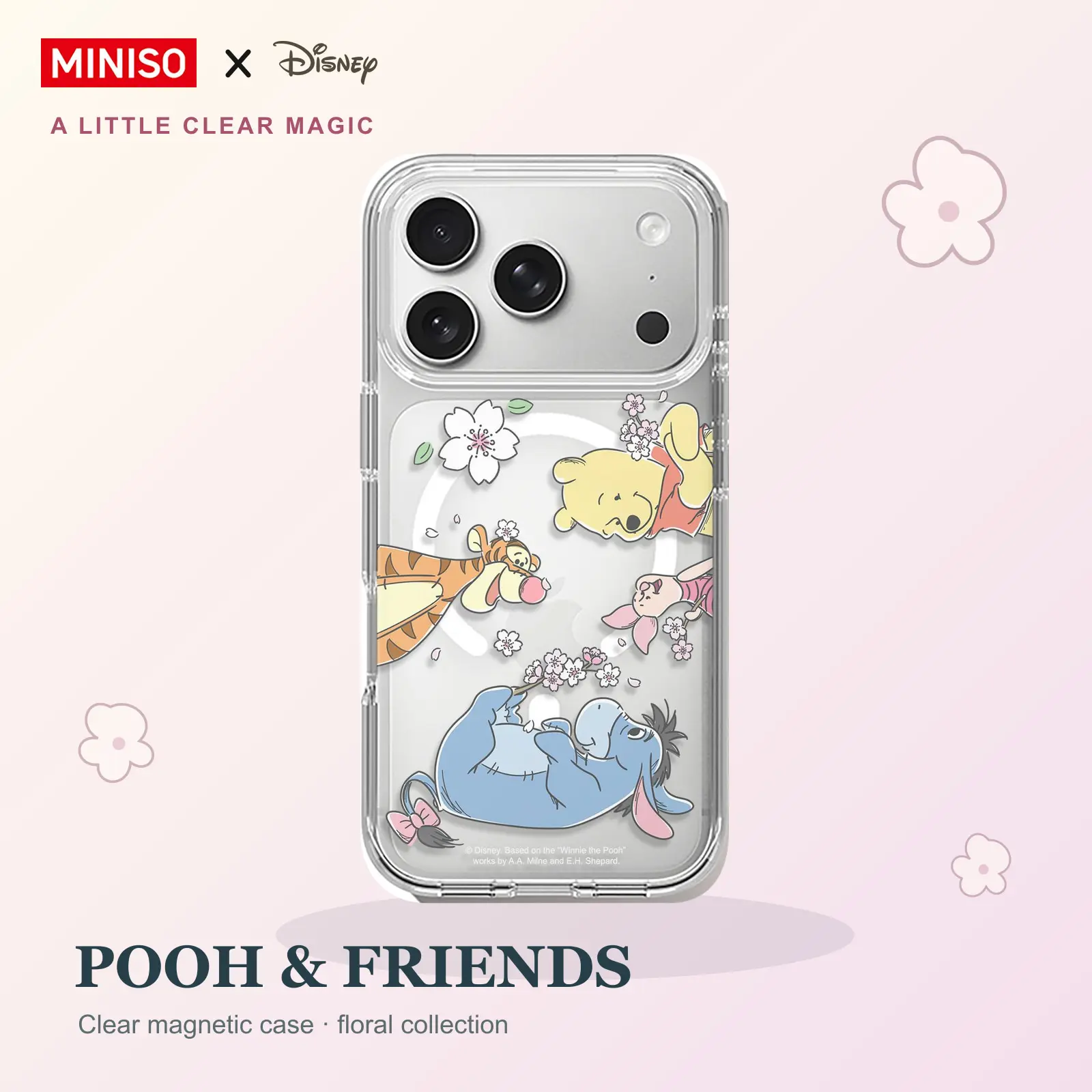 Disney Winnie the Pooh Cherry Blossom Phone Case Transparent Magnetic Shockproof case suitable for iphone 18 Pro Max/18 Pro/17 Pro Maxr/17 Pro/16/15/14/13/12/11 Series