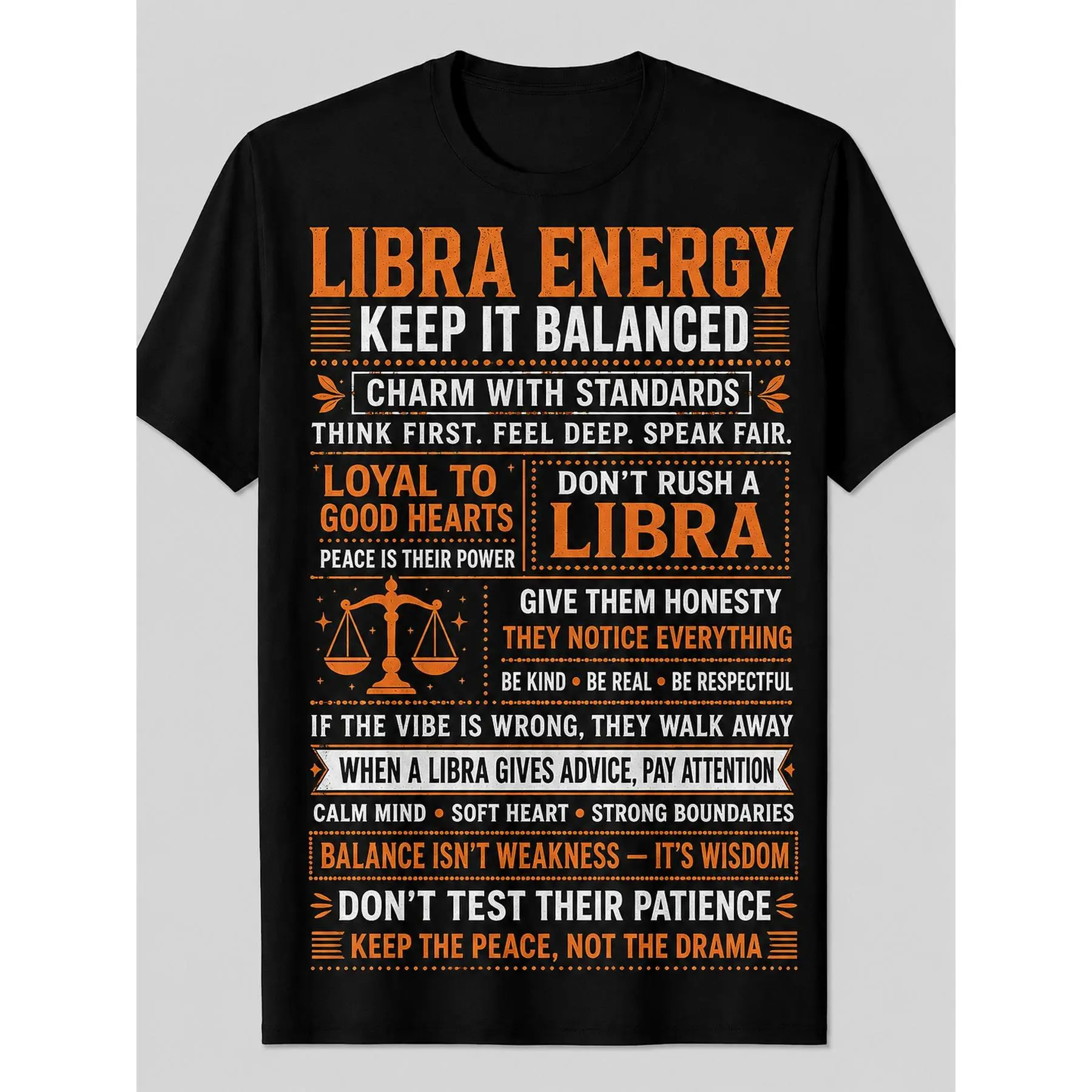 Libra Energy Graphic T-shirt, Short Sleeve Casual Tee, Balance Zodiac Sign Top, Inspirational Quote Print Shirt, Birthday Gift for Her and Him, Daily Wear Fashion, Comfortable Crew Neck Tee, Statement Graphic Top for Astrology Lovers