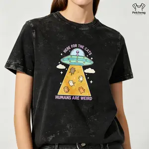 washed cotton Funny Cat Shirt Here For The Cats Humans Are Weird Vintage Cartoon Tee Alien UFO Cat Lover Gift Retro Pastel Graphic Unisex T Shirt Menswear Top