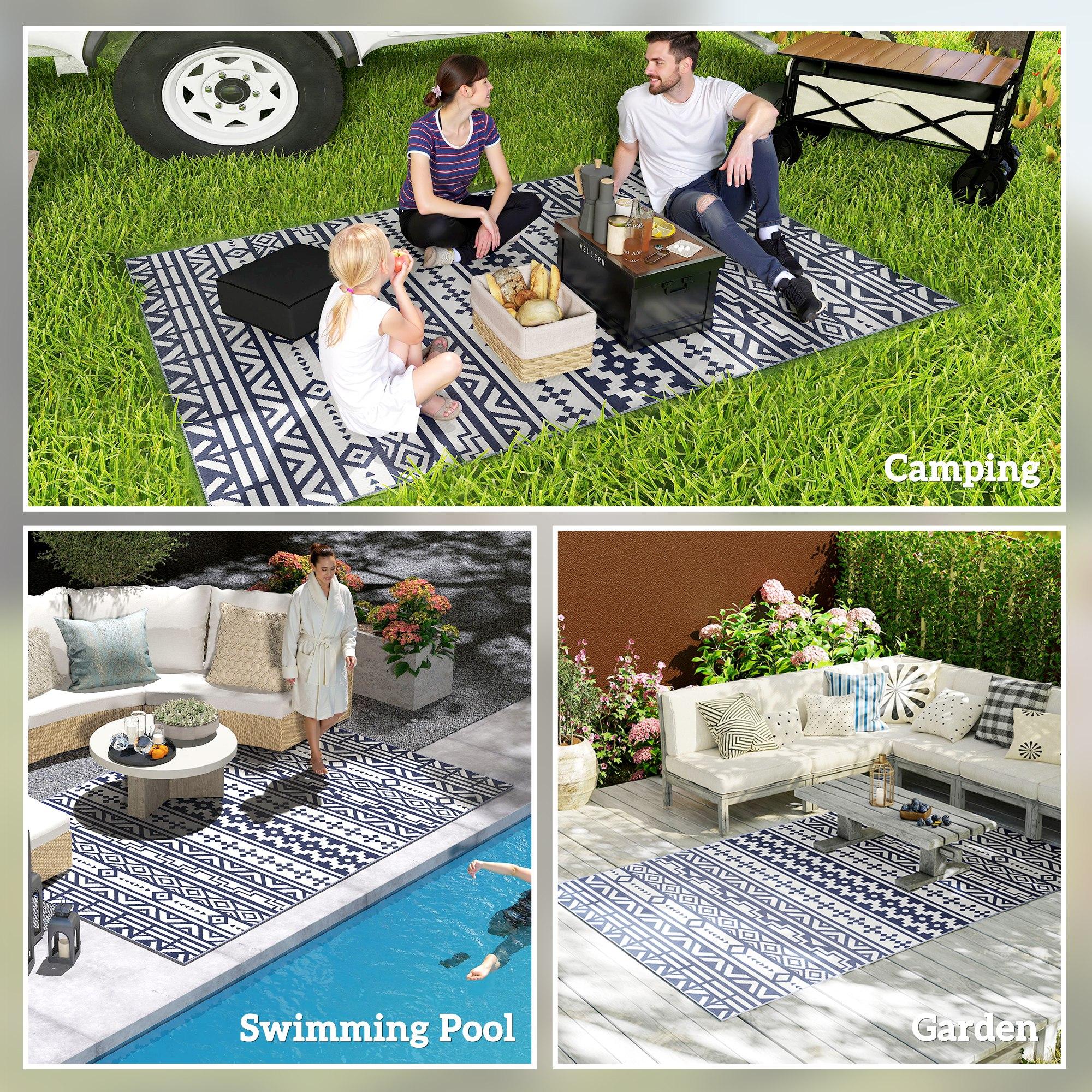 Flip It for a Fresh Look! Reversible Waterproof Outdoor Rug – Blue & White Geometric, 6'x9' with Carry Bag – Perfect for Patio, Camping & Beach