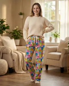 Tall Inseam Colorful Kawaii Cat Print Fleece Pajama Pants Soft Loungewear Bottoms for Women