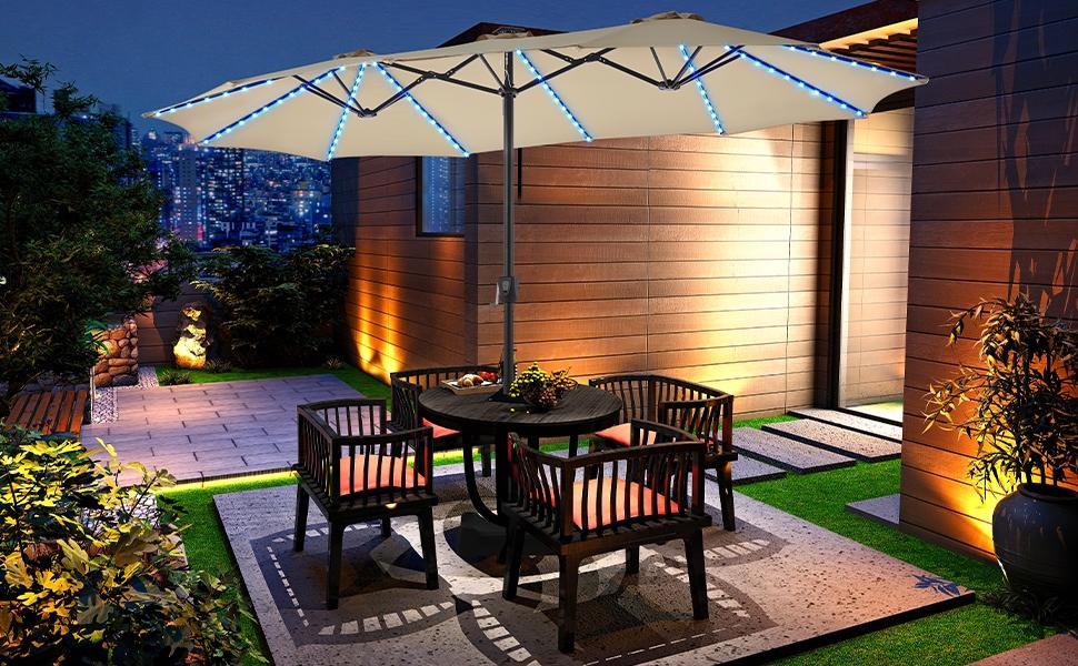 【12 Light Model Umbrella】Yaheetech 13ft Patio Parasol with Multi-Mode LED Lights Strips and Base Stand Triple-Vented Outdoor Umbrella