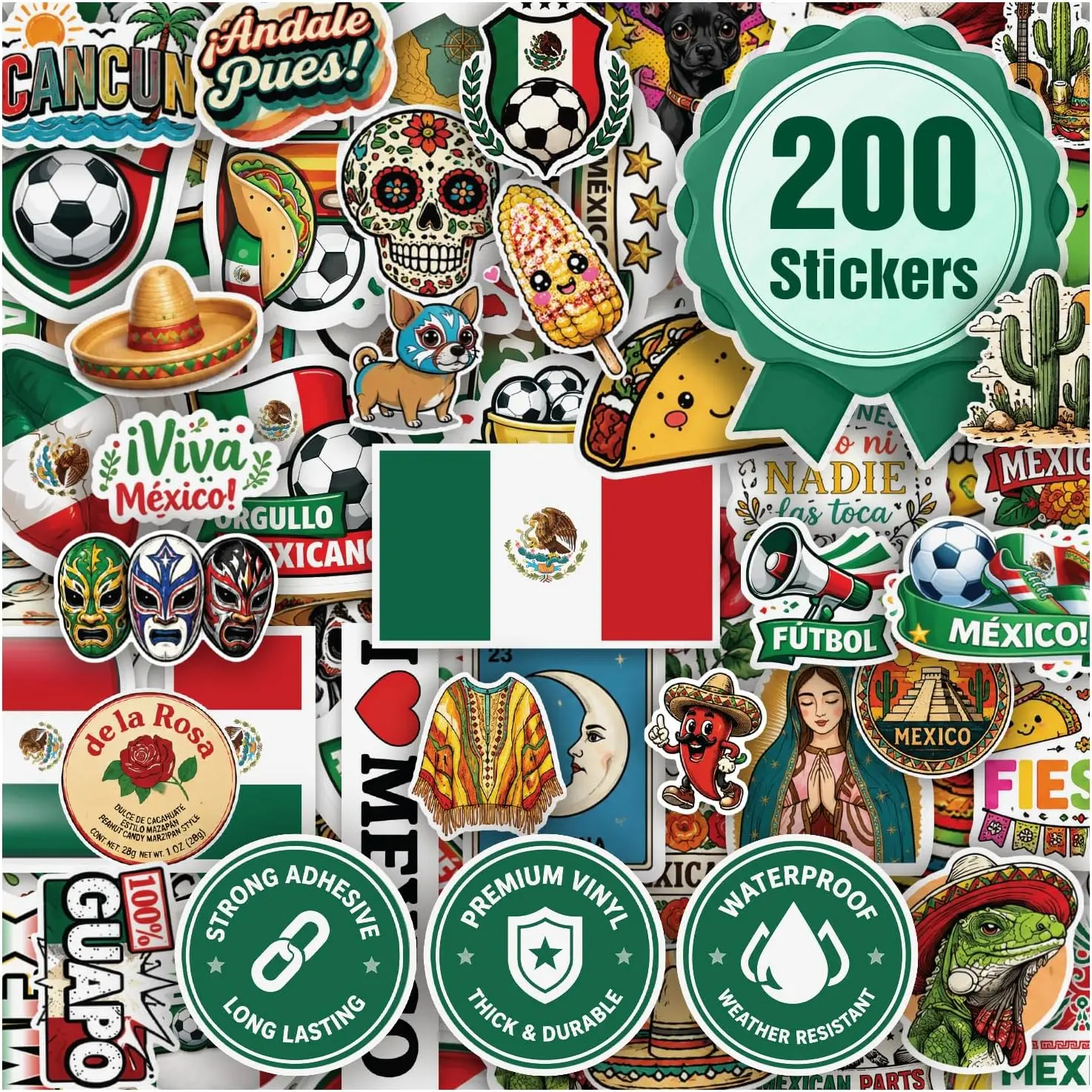 200 Pieces Mexico Flag Stickers – World Country Flags Vinyl Decals, Waterproof Stickers for Laptop, Water Bottle, Phone, Luggage & Travel