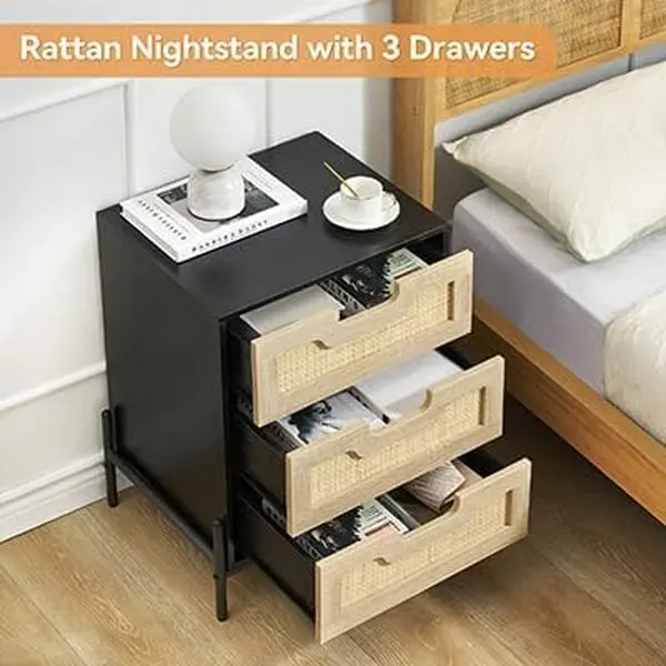 Rattan Nightstand, Boho Bedside Table with 3 Large Storage Capacity, Bedside End Table with Sturdy Metal Legs, Spacious Surface, Modern Storage Night Stand for Bedroom & Living Room, Black