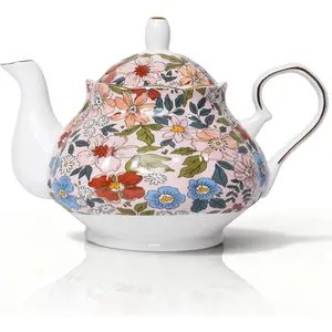 33.8 oz Luxury Gold Trim Floral Ceramic Porcelain Teapot for Blooming Loose Leaf Tea Coffee Milk, Ideal Christmas Gift for Women Housewarming Home Kitchen Decor Vintage Pink