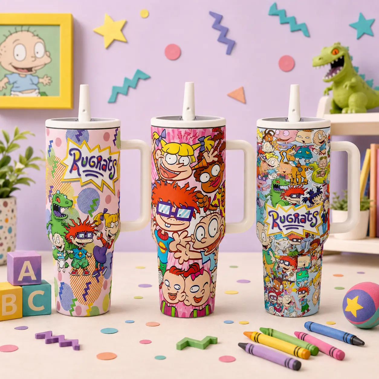 40oz Rugrats Tumbler with Handle and Flip Straw, Leak-Proof Travel Cup, Reusable Drinkware for Home Office School, Kawaii Retro Cartoon Style