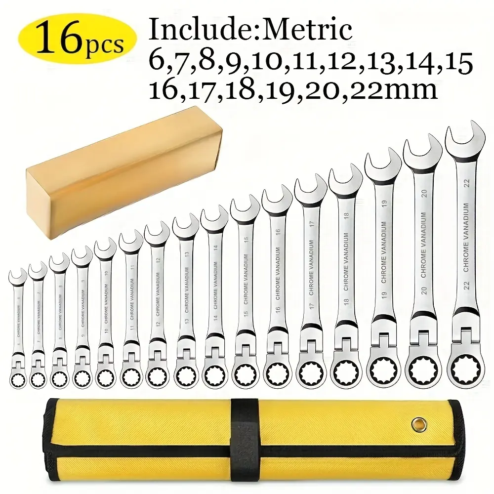 16-Piece Flex Head Ratcheting Combination Wrench Set - Chrome Vanadium Steel, Adjustable Manual Tool, No Assembly Needed, High-Torque, Durable, Metric Sizes, Specialty Mechanic Tool for Automotive Tasks