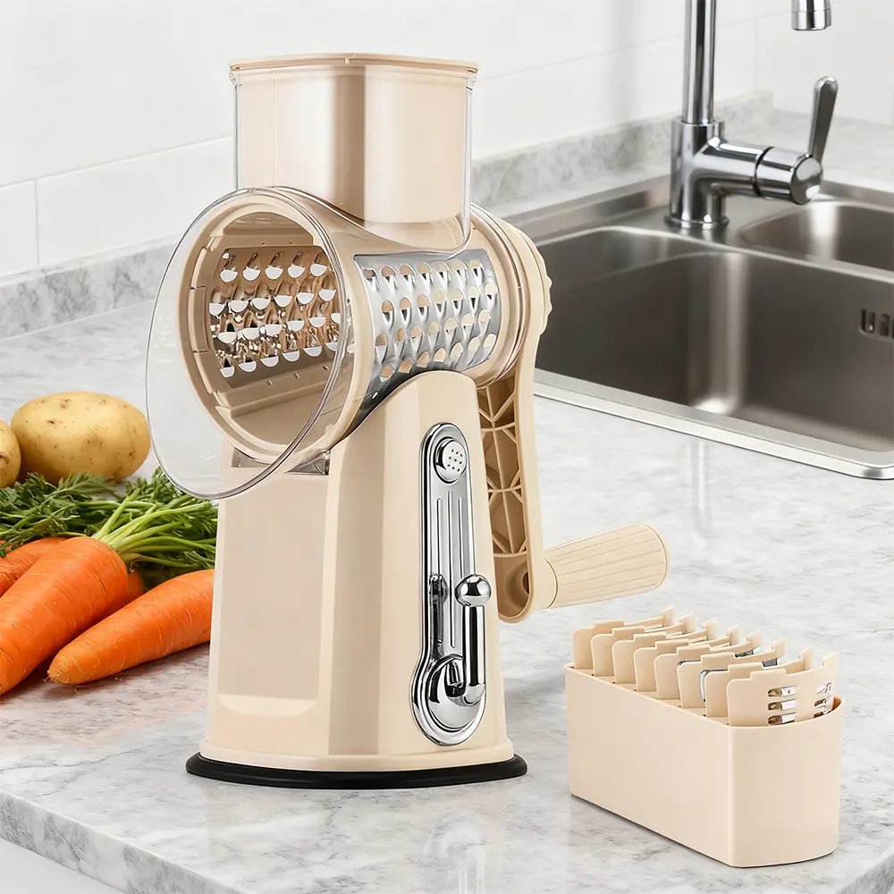 SUSTEAS Stainless Steel Rotary Food Cutter with 5 Replaceable Blades, Strong Suction Base, BPA-Free, Dishwasher Safe, Blade Storage Box, Fast & Effortless Shredding for Chocolate & Cheese, Home Kitchen Utensil