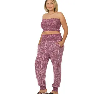 S-3X Leopard Smocked Tube Top & Lounge Jogger Pants Spandex Womenswear Clothes Matching Pockets Polyester