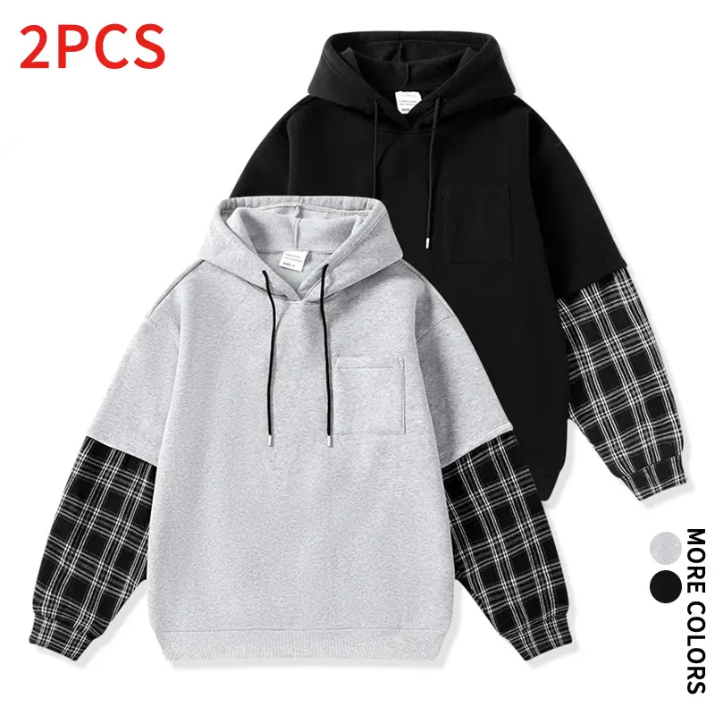 2Pcs Men Contrast Plaid Splicing Hooded Sweatshirt Solid Basic Hoodie Drawstring Pocket Design Casual Street Style Daily Walking Travel Loose Fit Pullover