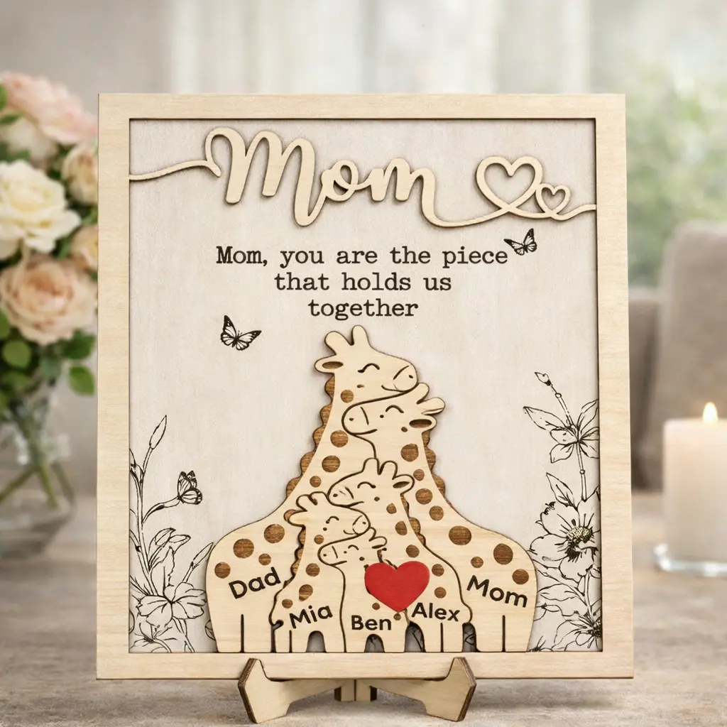 Custom Mom giraffe Puzzle Sign – "You Hold Us Together" Family Bear Sign, Unique Mother's Day Gift from Kids & Husband, Personalized Family Gift for Mom, 2 Layered