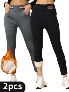 2 Pcs  Slim High Waist Sports Warm plush Pants With Pockets, Comfortable And Soft