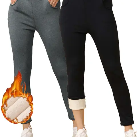 2-Pack Women's High Waist Polyester Tight Sports Pants - Slim Fit, Warm Plush, High Stretch, Large Pockets for Phone, Universal Plus Size Activewear Bottoms, 2pcs(black+grey) Athleisure Wear Leggings for Back to School
