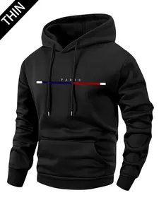 Men's spring and autumn lightweight long-sleeve pocket hoodie with stylish Paris letter print, casual sports streetwear brand, suitable for cool weather during the season, perfect for outdoor activities and fashionable outings.