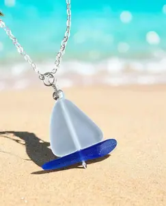 White Sea Glass Sailboat Necklace  in Sterling Silver