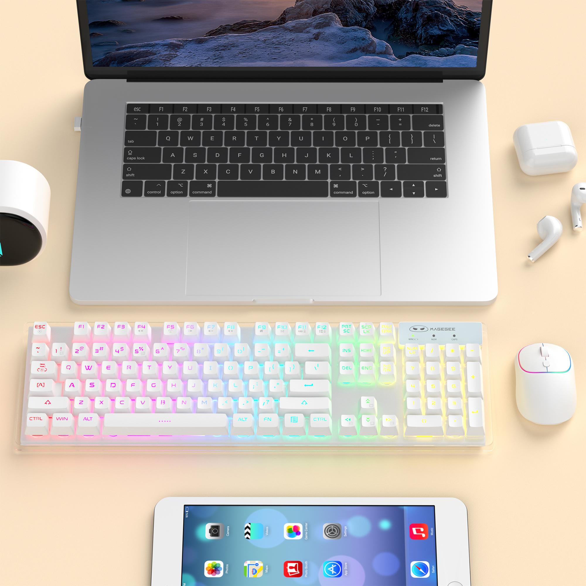 MageGee V550 Wireless Gaming Keyboard and Mouse Combo, 2.4G Rechargeable RGB Backlit Keyboard with Clear Shell, Full Size Waterproof Keyboard & LED Mice for PC/Laptop - White MageGee V550 Wireless Gaming Keyboard and Mouse Combo, 2.4G Rechargeable RGB Backlit Keyboard with Clear Shell, Full Size Waterproof Keyboard & LED Mice for PC/Laptop - White