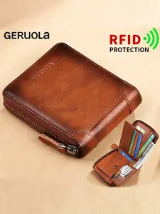 Geruola Genuine Leather Short Zipper Wallet, Business Style Wallet, Multifunctional Large Capacity Card Holder, Top-Grain Cowhide Cash Organizer, Rfid Leather Wallet