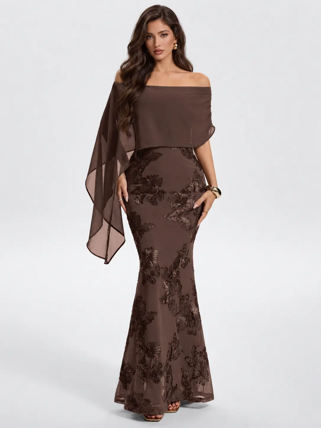 Azazie Rhiannon Off-Shoulder Draped Ribbon Embroidered Mermaid Maxi Dress for Wedding Guest Cocktail Party Evening Formal sohochic