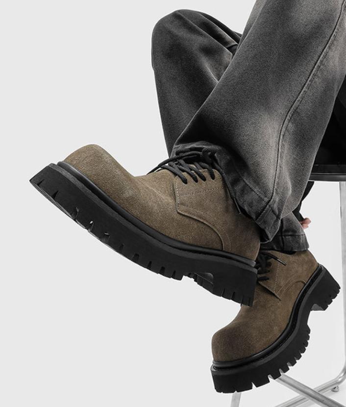 Cheat Code Height Boost: Burgundy Suede Platform Derby Shoes