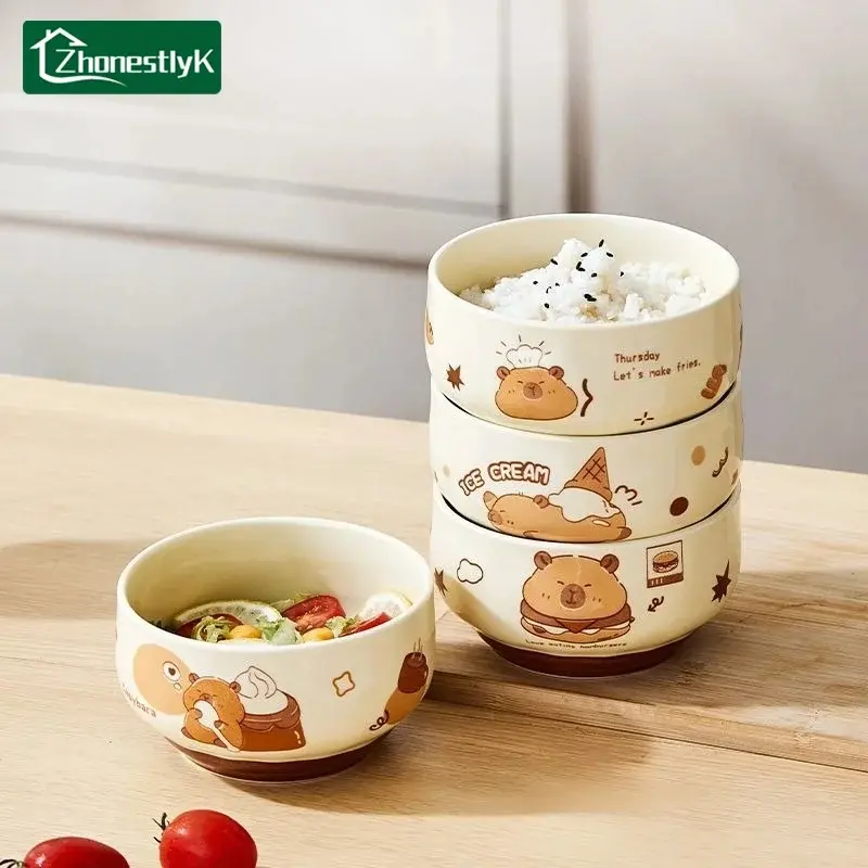 4 Pcs Cute Kapibala Ceramic Bowl Cartoon Anti-scald Soup Bowl Home Kitchen Noodle Ramen Tableware Bowl