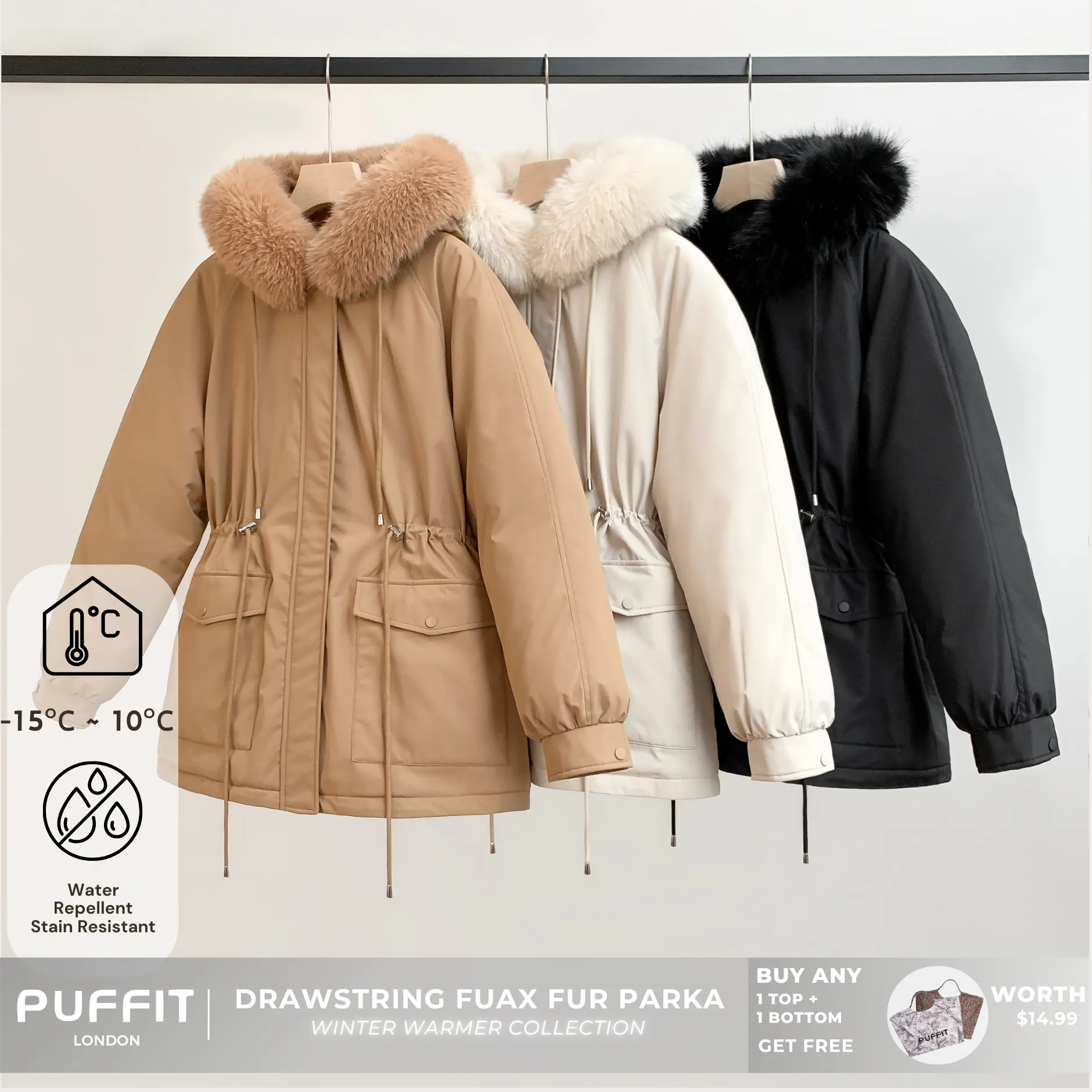PUFFIT Faux Fur Mid-Length Hooded Drawstring Parka With Adjustable Waist Belt Design And Extra-Deep Pockets, Women‘s Fashion Coats, Versatile Winter Outerwear For Women‘s Basic Tops